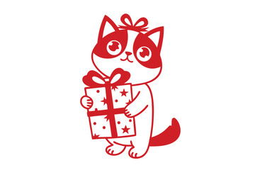 Animated red cat with bow holds the red gift with bow and stars
