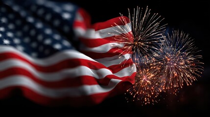 American flag and fireworks celebrating patriotic holiday night