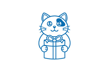 A cheerful cat with a blue outline is presenting a cute wrapped gift