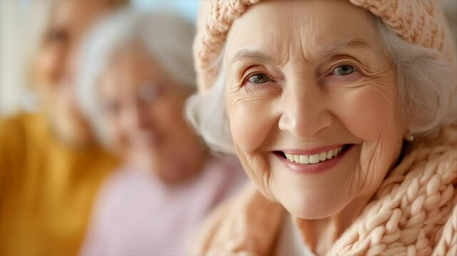 Elderly woman smiles warmly in cozy indoor setting with family in background enjoying quality time together