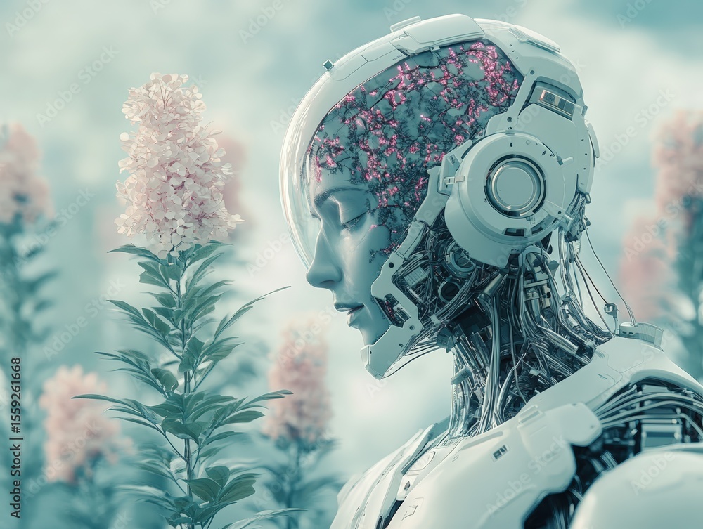 Poster a humanoid robot with exposed mechanical and neural elements closely observes a blooming flower in a