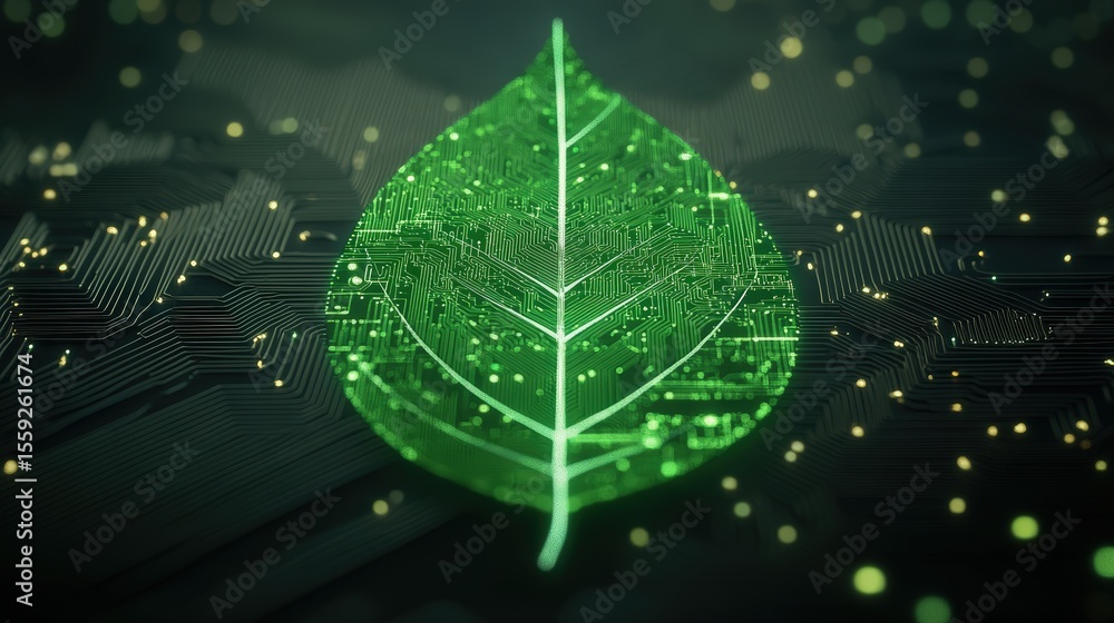 Aufkleber a glowing green leaf with digital circuitry patterns symbolizes the fusion of nature and technology 