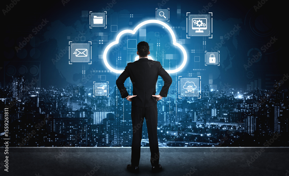 Poster cloud computing enables digital growth with secure data storage, scalable infrastructure, and strate