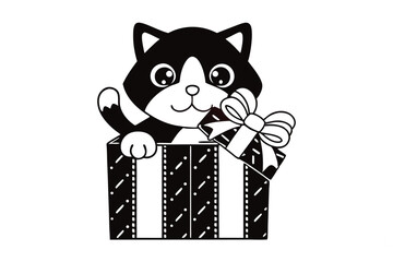 Adorable monochrome kitten emerges from a whimsical box clutching a delightful gift elegantly