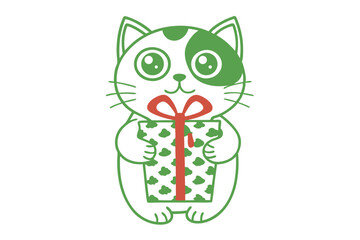 A green outlined cat presents a gift tied with red ribbon cheerfully