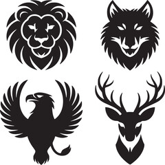Four black and white animal icons depicting a lion, wolf, eagle, and deer on a white background