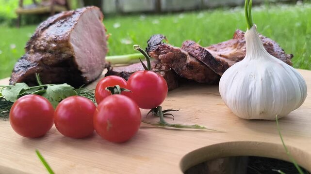 a juicy roasted piece of meat on a cutting board next to tomatoes and a head of garlic