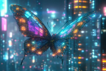 A digital butterfly with glowing circuitry wings floats in a cyberpunk cityscape, showcasing a blend of nature and technology.
