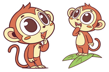 Adorable cartoon monkeys stand thoughtfully, one on a leaf, isolated on white