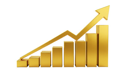 Golden bar graph with arrow isolated on transparent background