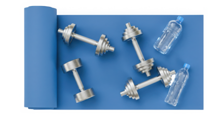 Fitness equipment including dumbbells and water bottles on a blue mat isolated on transparent background