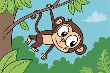 A happy cartoon monkey playfully swings from a tree branch in the jungle