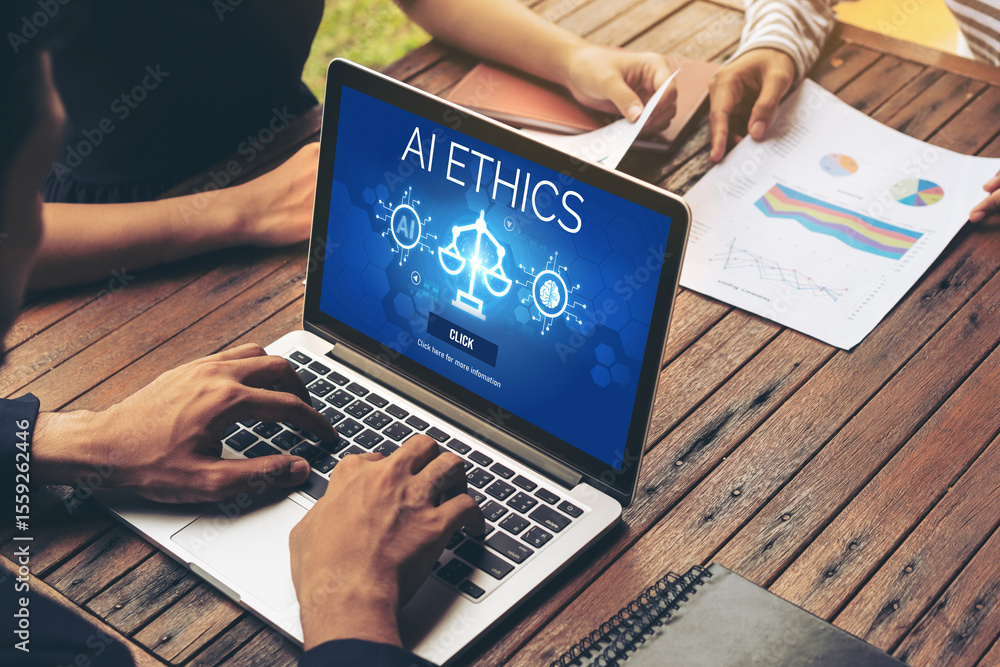 Poster ai ethics responsibility standard law and rules on computer screen provide report of ai ethic transp