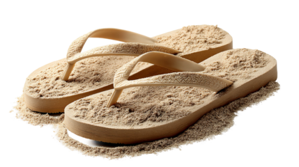 Sandy Flip-Flops: A pair of well-worn flip-flops rests on a bed of sand, evoking memories of sunny beach days and carefree vacations.