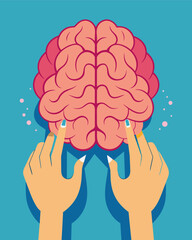 Fingers spread apart gently pushing and pulling at the folds and grooves of a brain meticulously adjusting each detail.. Vector illustration