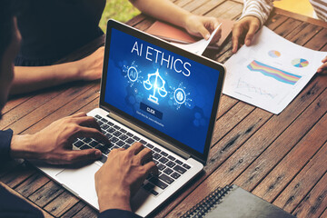 AI ethics responsibility standard law and rules on computer screen provide report of AI ethic...