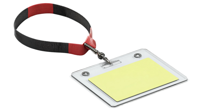 Identification Badge: A simple, clean close-up shot of an identification badge on a lanyard with a red and black design, providing ample space for custom names and information.