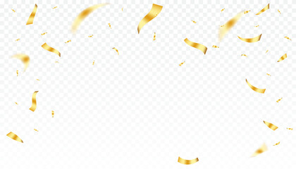 Gold confetti and ribbon background. Falling bright gold Glitter confetti, ribbon, stars celebration, serpentine on transparent background. vector illustration