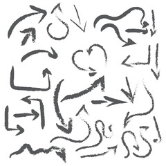 Red pencil arrow doodles set - hand drawn swirls, curved lines, chaotic pointers. Chalk sketches, artistic design elements pack. Grunge style marker scribbles, crayon strokes outline drawings.