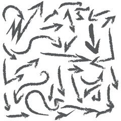 Red pencil arrow doodles set - hand drawn swirls, curved lines, chaotic pointers. Chalk sketches, artistic design elements pack. Grunge style marker scribbles, crayon strokes outline drawings.