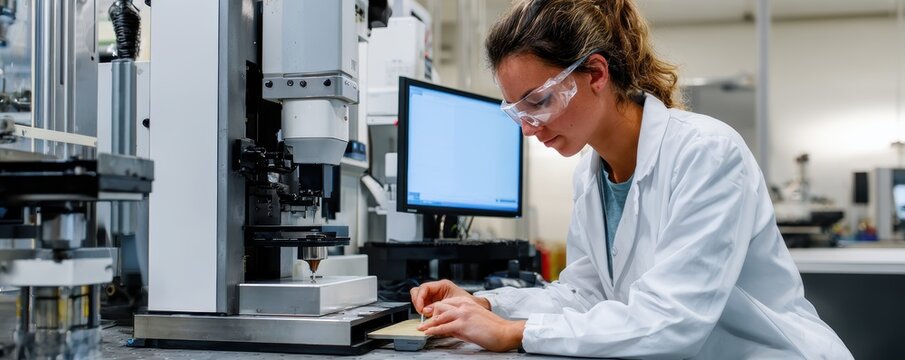Young caucasian female scientist in laboratory analyzing experiment with advanced equipment