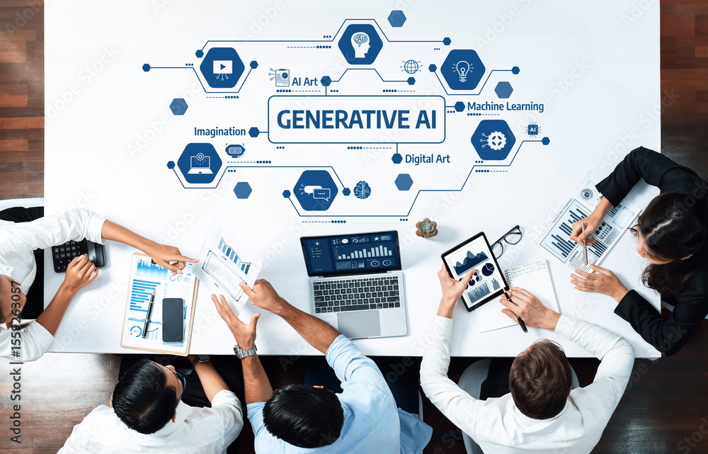 Poster A diverse team engages in a dynamic discussion about generative AI and digital art within a modern workspace. Analysis of machine learning trends and innovation thrives. Amity