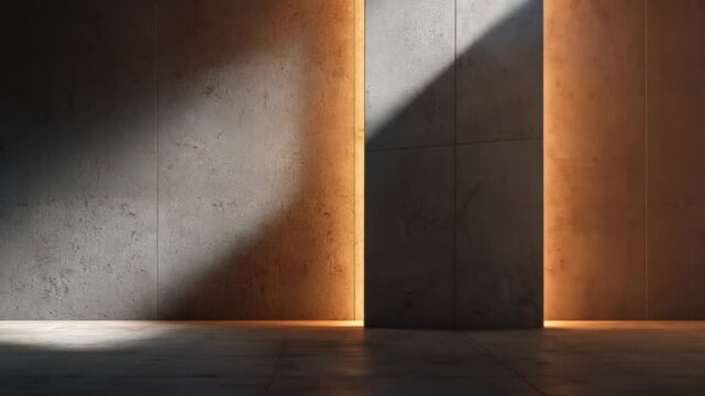 Warm light illuminates a textured concrete wall in an empty room.