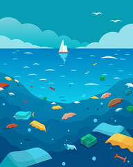 Obraz premium A dense layer of plastic covers the surface as Trash Island spreads its reach across the vast expanse of the ocean.. Vector illustration