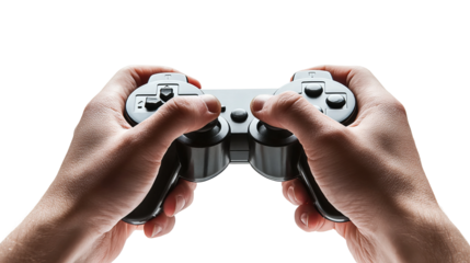 Gamer Hands in Action: The image portrays a person's hands gripping a video game controller with focused intensity. The controller features an array of buttons and joysticks, poised for action.