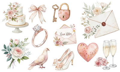 Romantic Watercolor Wedding Clipart Set with Cake, Ring, Flowers, Love Letter, Champagne, Shoes, and Dove Illustrations