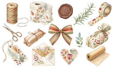 Watercolor Vector Set of Gift Wrapping Supplies and Decorative Packaging Elements