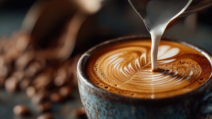 Freshly poured Cream Creates Delicious Swirls in a Cup of Hot Coffee near a Pile of Beans