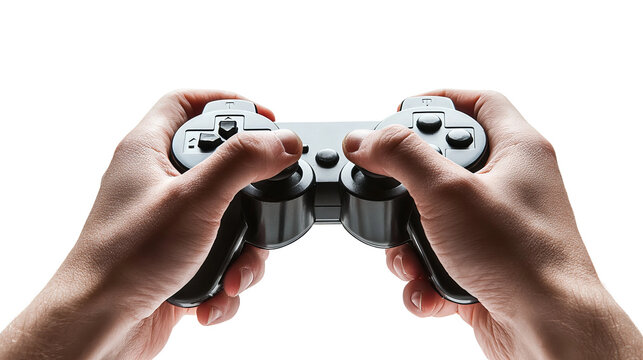 Gamer Hands in Action: The image portrays a person's hands gripping a video game controller with focused intensity. The controller features an array of buttons and joysticks, poised for action.