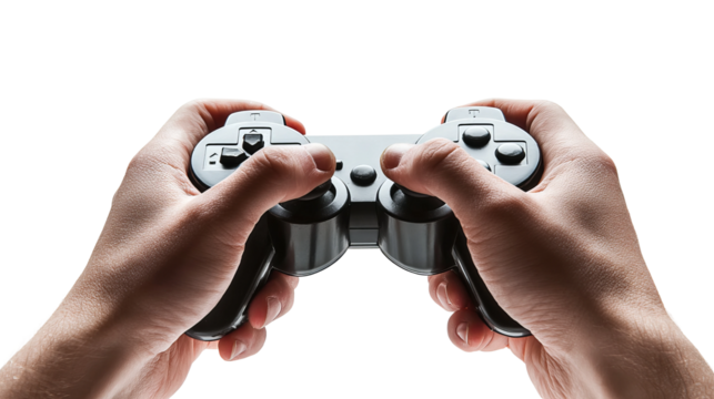 Gamer Hands in Action: The image portrays a person's hands gripping a video game controller with focused intensity. The controller features an array of buttons and joysticks, poised for action.