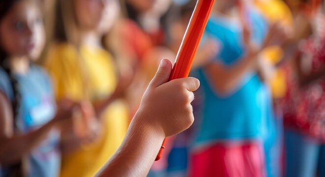 Children Playing Energetic Game with Colorful Baton in Group Activity - Powered by Adobe