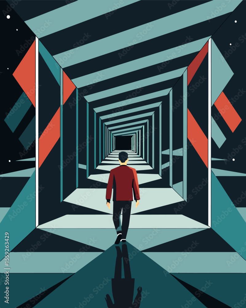 Poster a video installation of a person walking through a mirrored maze constantly surrounded by distorted 