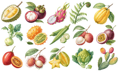 Exotic Watercolor Vector Set of Tropical Fruits and Vegetables for Creative Design Projects