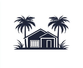 The icon of a summer bungalow is depicted in outline, showcasing a modern silhouette illustration of a beach hut, ideal for use as a bath house logo or label