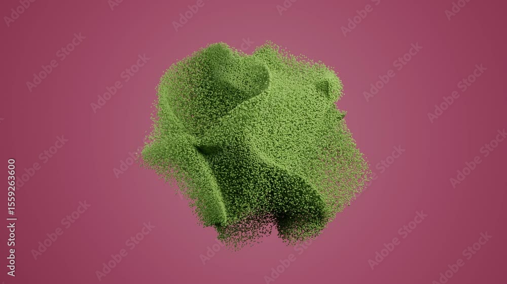 Poster abstract chaotic green particle cloud swirling dynamically over soft pink background, 3d geometric s