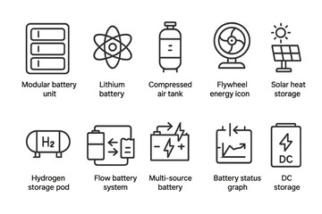 Energy storage icons: battery, hydrogen, solar, dc power, air tank