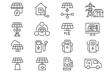 Solar energy system icons: power, grid, charging stations, and smart technology