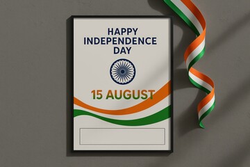 India Independence Day poster mockup on textured wall with tricolor ribbon