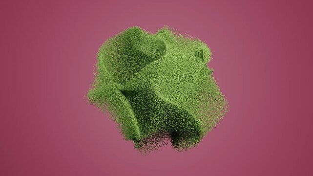 Abstract chaotic green particle cloud swirling dynamically over soft pink background, 3D geometric shapes and smooth flowing pattern ideal for creative designers, marketers, and video editors