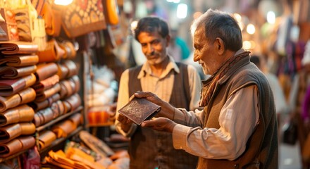 Elderly Man Shopping for Leather Goods in Vibrant Market Setting