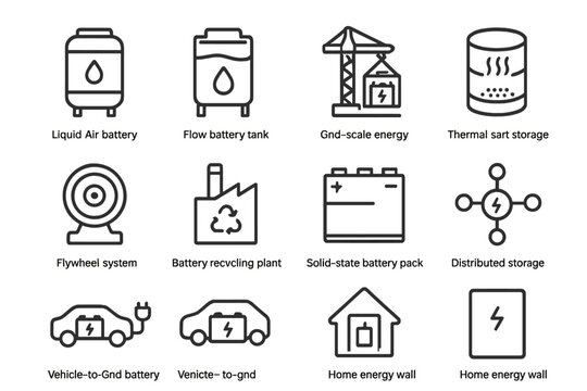 Energy storage icons: battery, thermal, solid-state, distributed, flywheel