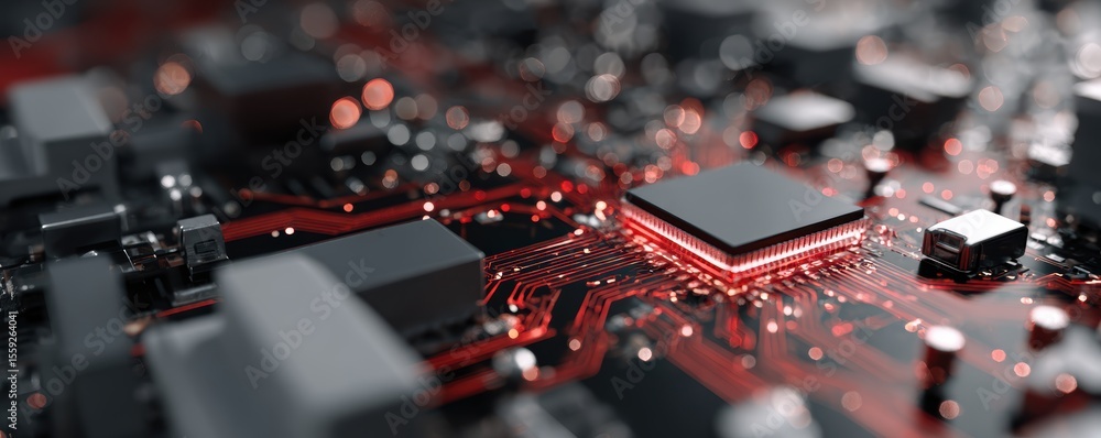 Poster close-up of microchip on circuit board with red led lights