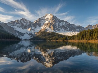 Fototapeta premium Crystal-clear mountain lake with perfect reflection of snow-capped peaks and pine trees, sunrise, ultra-realistic