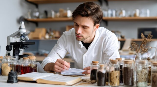 Young caucasian male scientist conducting research in laboratory with samples and microscope