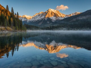 Fototapeta premium Crystal-clear mountain lake with perfect reflection of snow-capped peaks and pine trees, sunrise, ultra-realistic