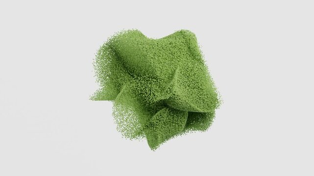 Clean and minimalistic chaotic green particle cloud floating over pure white background, combining abstract 3D geometry with subtle pattern effects, crafted for marketers, graphic designers